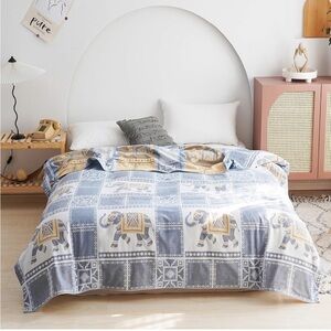 Soft Cotton Elephant Print Lightweight Throw Blanket Blue Yellow & Cream